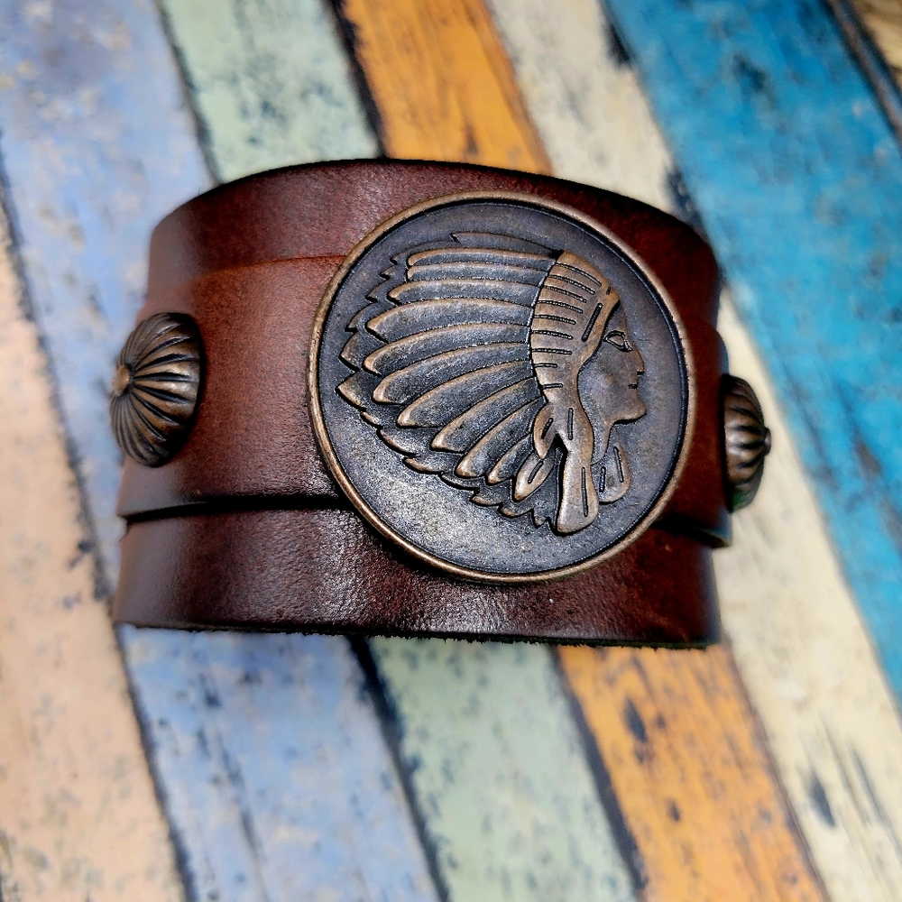 Native American concho  Leather Cuff Bracelet Adjustable Western boho hi…